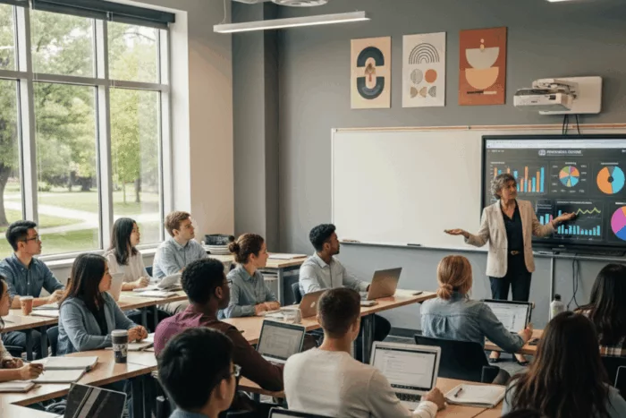 Des étudiants du CEFAM, issus de partenariats comme avec l'Université du Nouveau-Brunswick (UNB), assistent à un cours de management international dans une salle de classe moderne. Une professeure présente des données sur un écran interactif. Ils sont assis à des bureaux individuels, prenant des notes et travaillant sur des ordinateurs portables, illustrant l'apprentissage dynamique et les sujets émergents offerts lors des échanges académiques.
