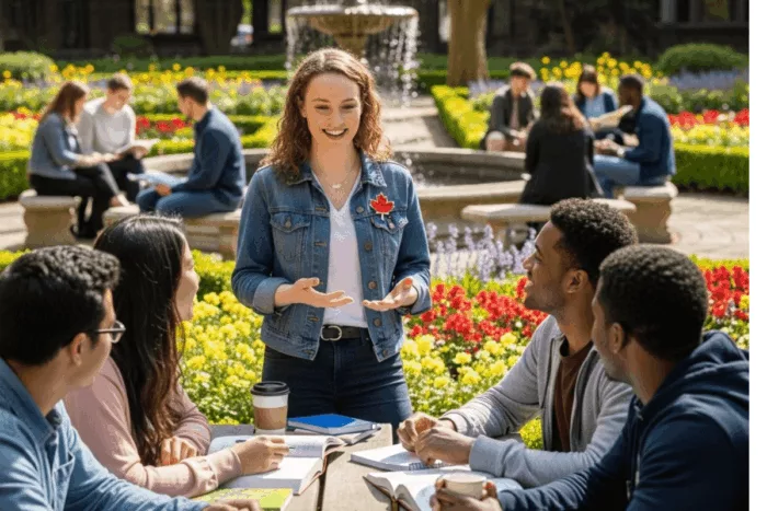 Groupe d'étudiants en management international, dont une étudiante portant un pin's canadien, échangeant des idées sur un campus universitaire partenaire de CEFAM comme l'UNB près d'une fontaine.